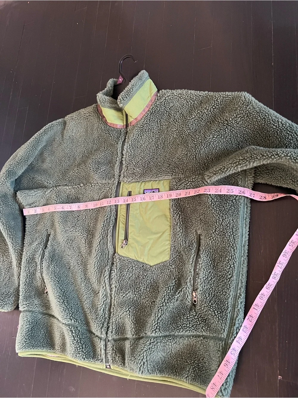 Patagonia Olive Green Sherpa Fleece Jacket with Lime Pocket
